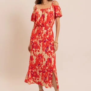 Robe longue fluide rouge et rose